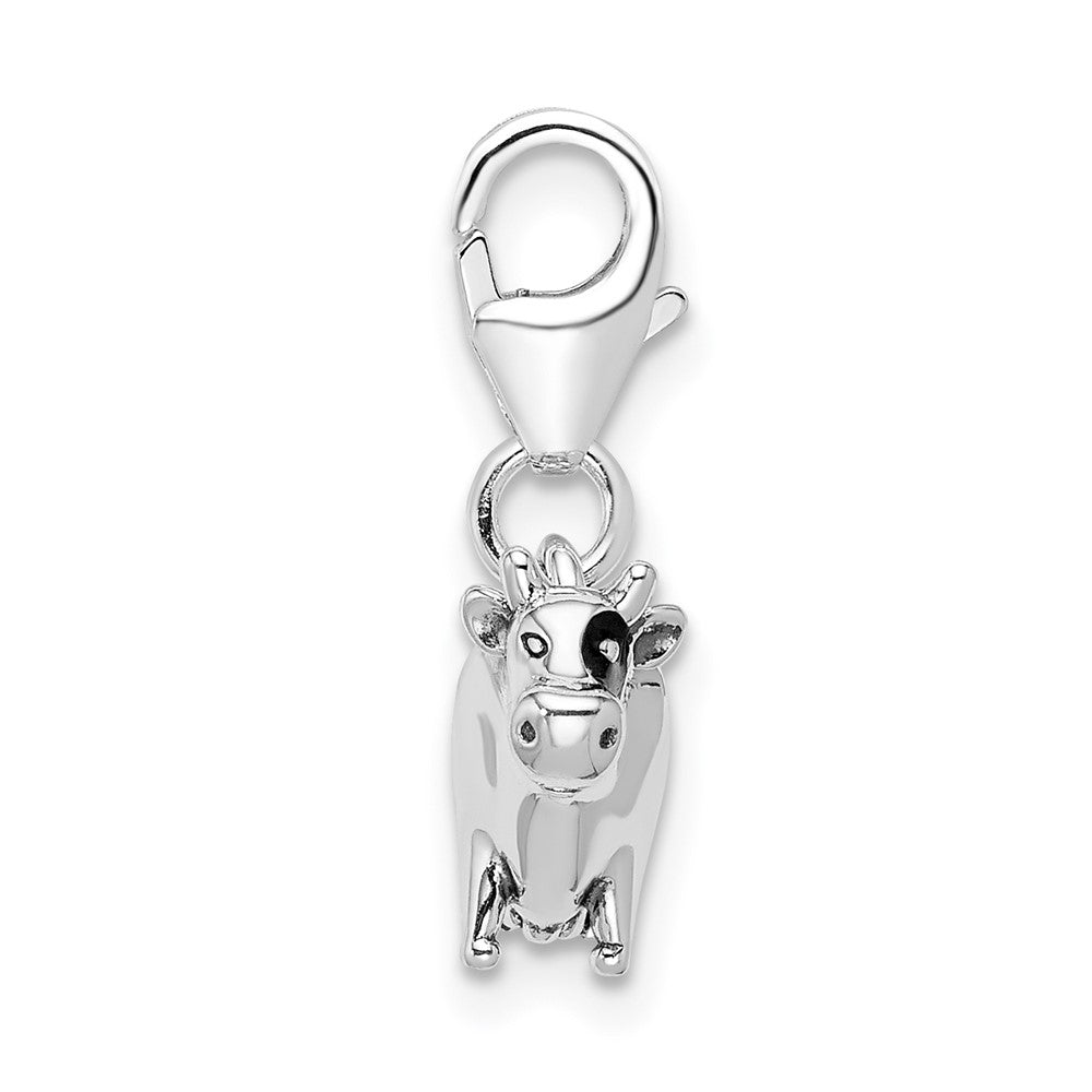 Amore La Vita Sterling Silver Rhodium-plated Polished 3-D Enameled Cow Charm with Fancy Lobster Clasp