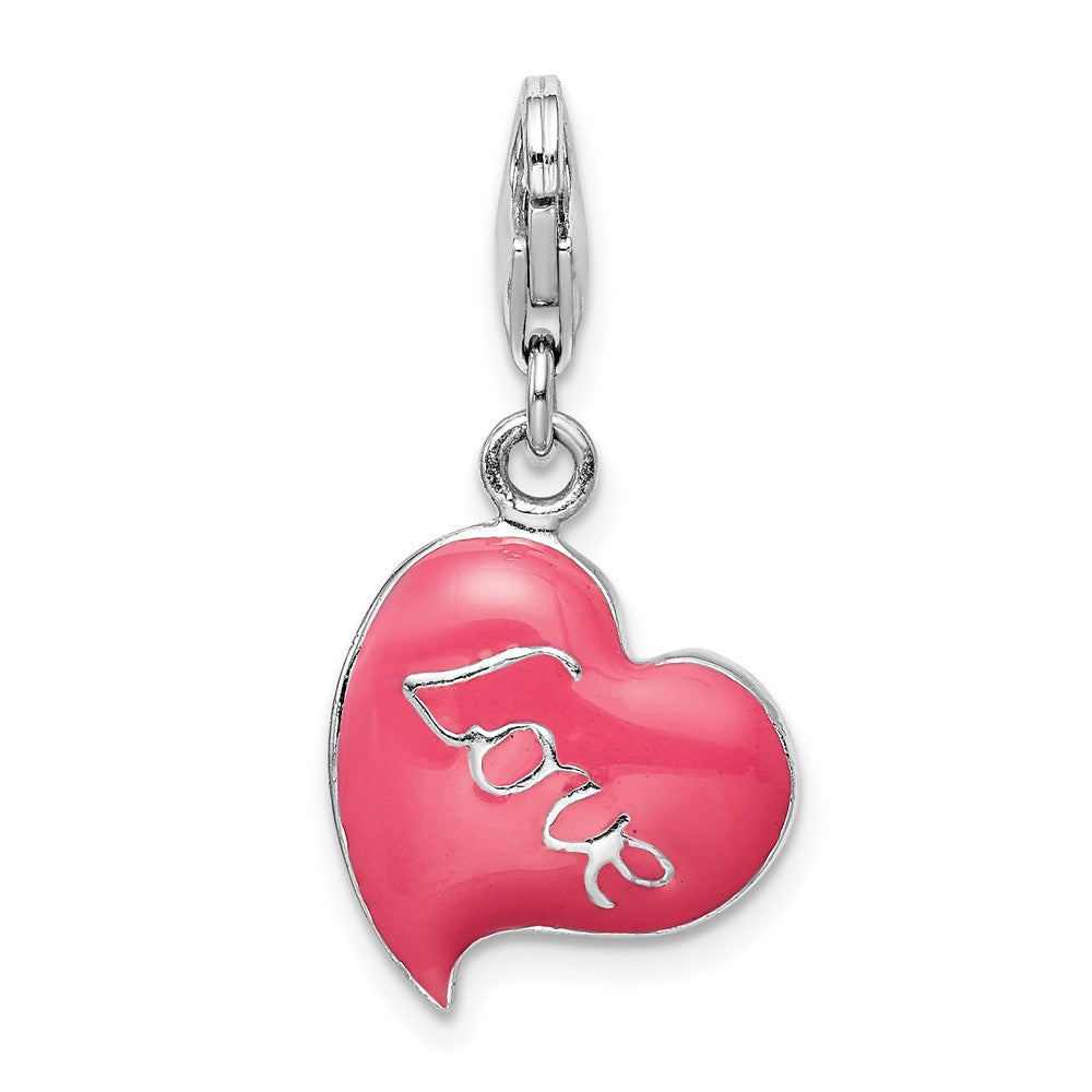 Amore La Vita Sterling Silver Rhodium-plated Polished 3-D Pink Enameled Love Heart Charm with Fancy Lobster Clasp
