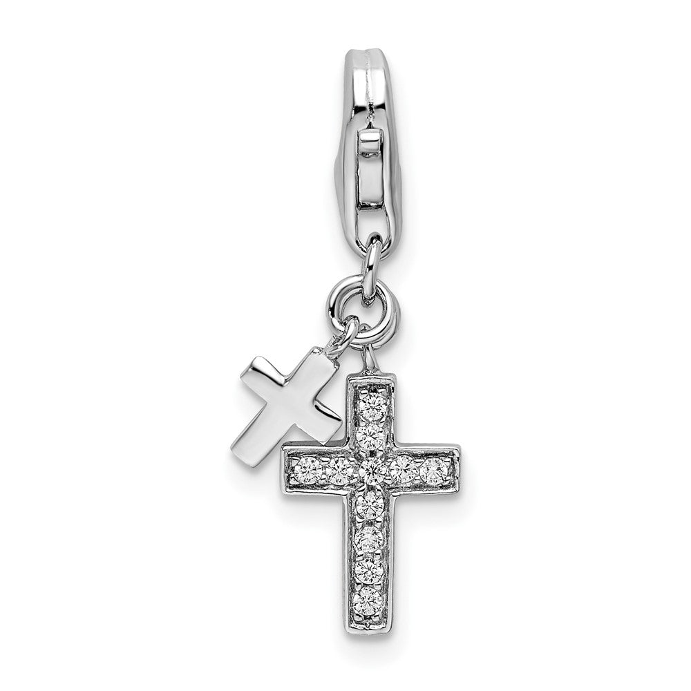 Amore La Vita Sterling Silver Rhodium-plated Polished CZ Two Cross Charm with Fancy Lobster Clasp