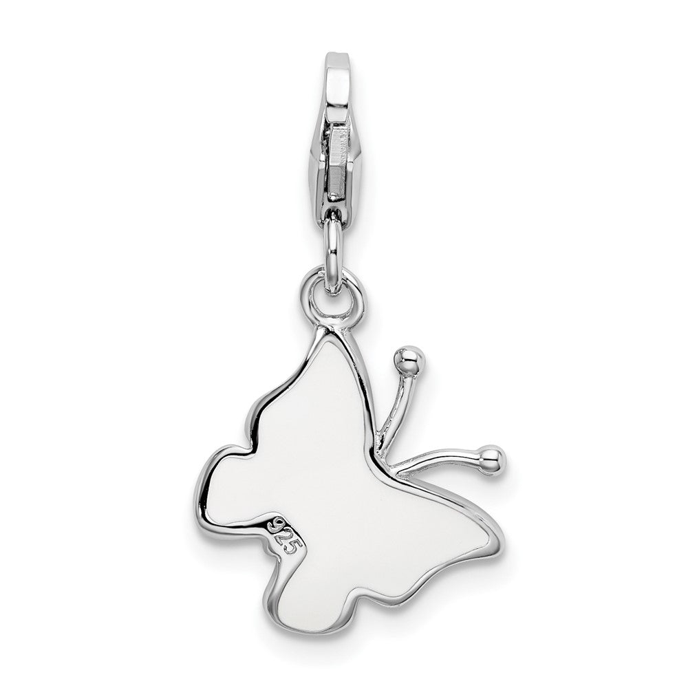 Amore La Vita Sterling Silver Rhodium-plated Polished Pink and White Enameled Butterfly Charm with Fancy Lobster Clasp