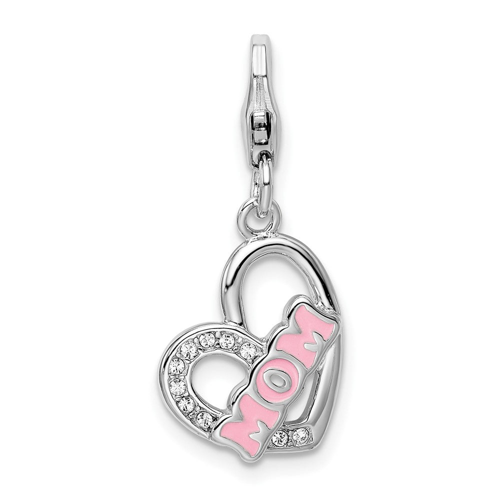 Amore La Vita Sterling Silver Rhodium-plated Polished Enameled with Crystal From Swarovski MOM Heart Charm with Fancy Lobs...