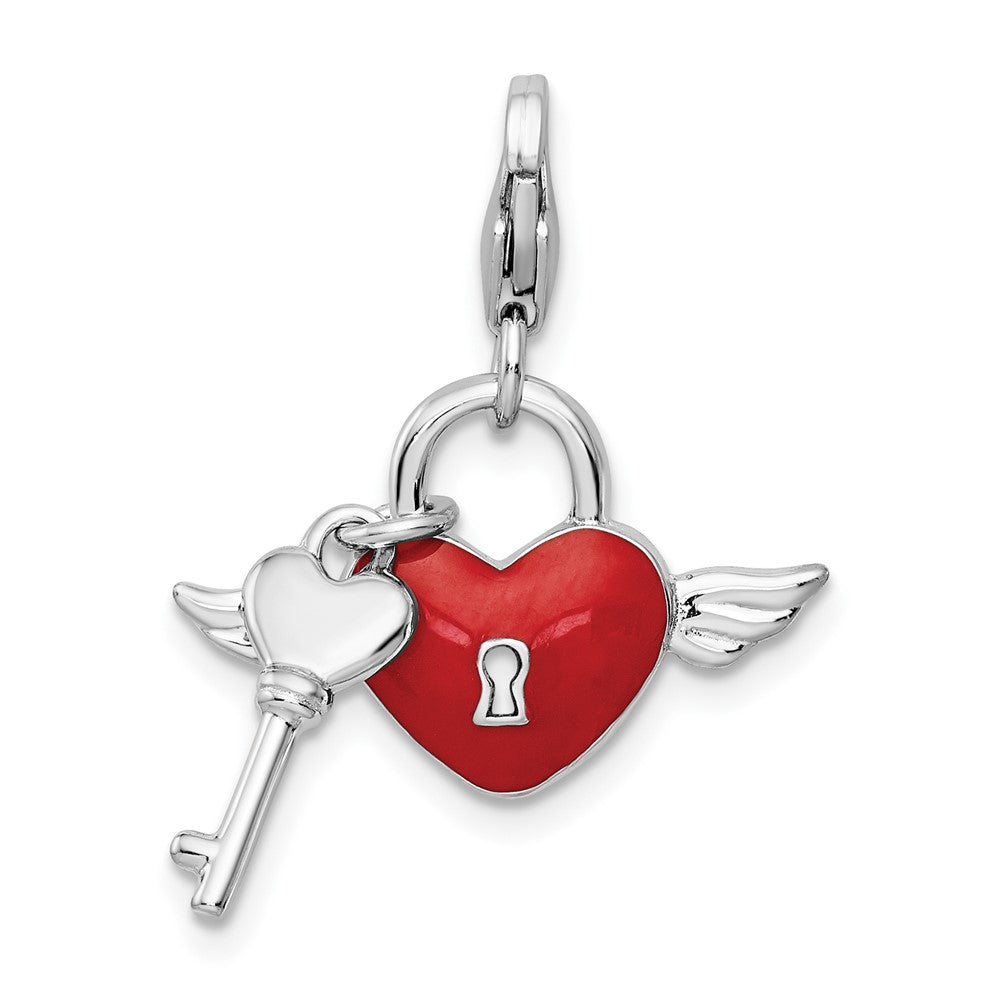 Amore La Vita Sterling Silver Rhodium-plated Polished Reversible Red Enameled Winged Heart and Key with Crystal From Swaro...