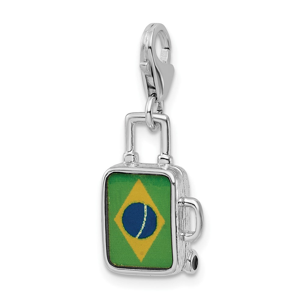 Amore La Vita Sterling Silver Rhodium-plated Polished 3-D Enameled Brazilian Flag Suitcase Charm with Fancy Lobster Clasp