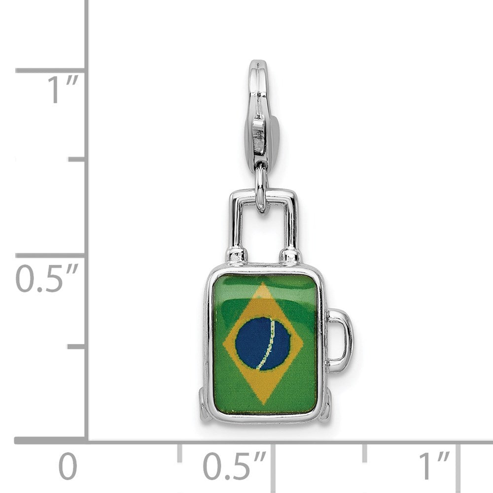 Amore La Vita Sterling Silver Rhodium-plated Polished 3-D Enameled Brazilian Flag Suitcase Charm with Fancy Lobster Clasp