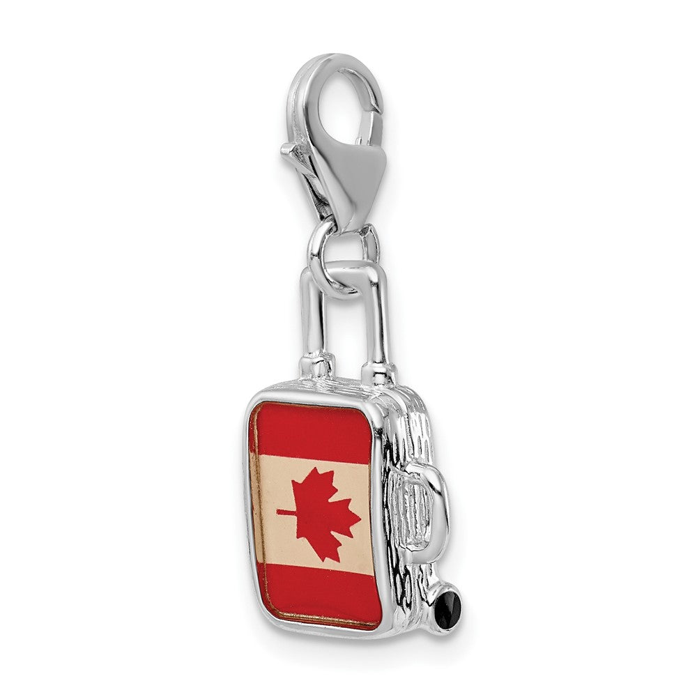 Amore La Vita Sterling Silver Rhodium-plated Polished 3-D Enameled Canadian Flag Suitcase Charm with Fancy Lobster Clasp