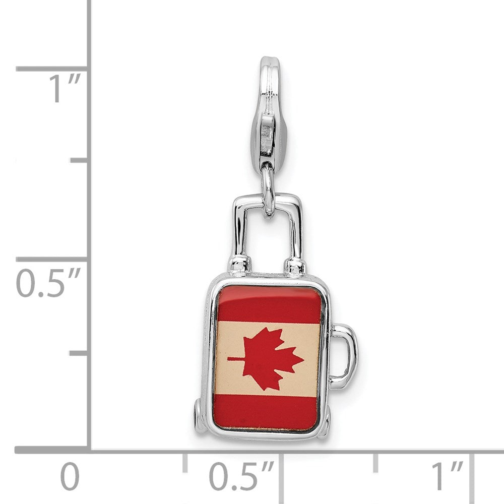 Amore La Vita Sterling Silver Rhodium-plated Polished 3-D Enameled Canadian Flag Suitcase Charm with Fancy Lobster Clasp