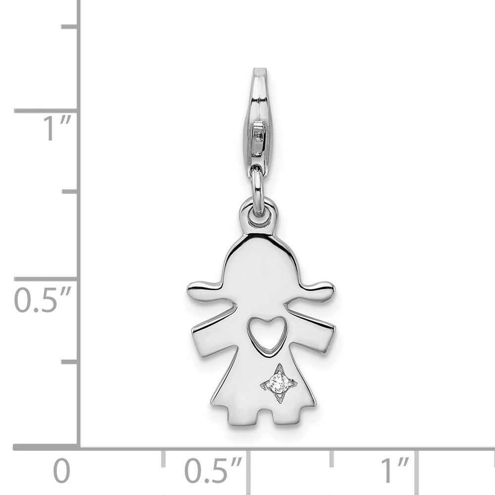 Amore La Vita Sterling Silver Rhodium-plated Polished CZ Little Girl with Cut-out Heart Charm with Fancy Lobster Clasp