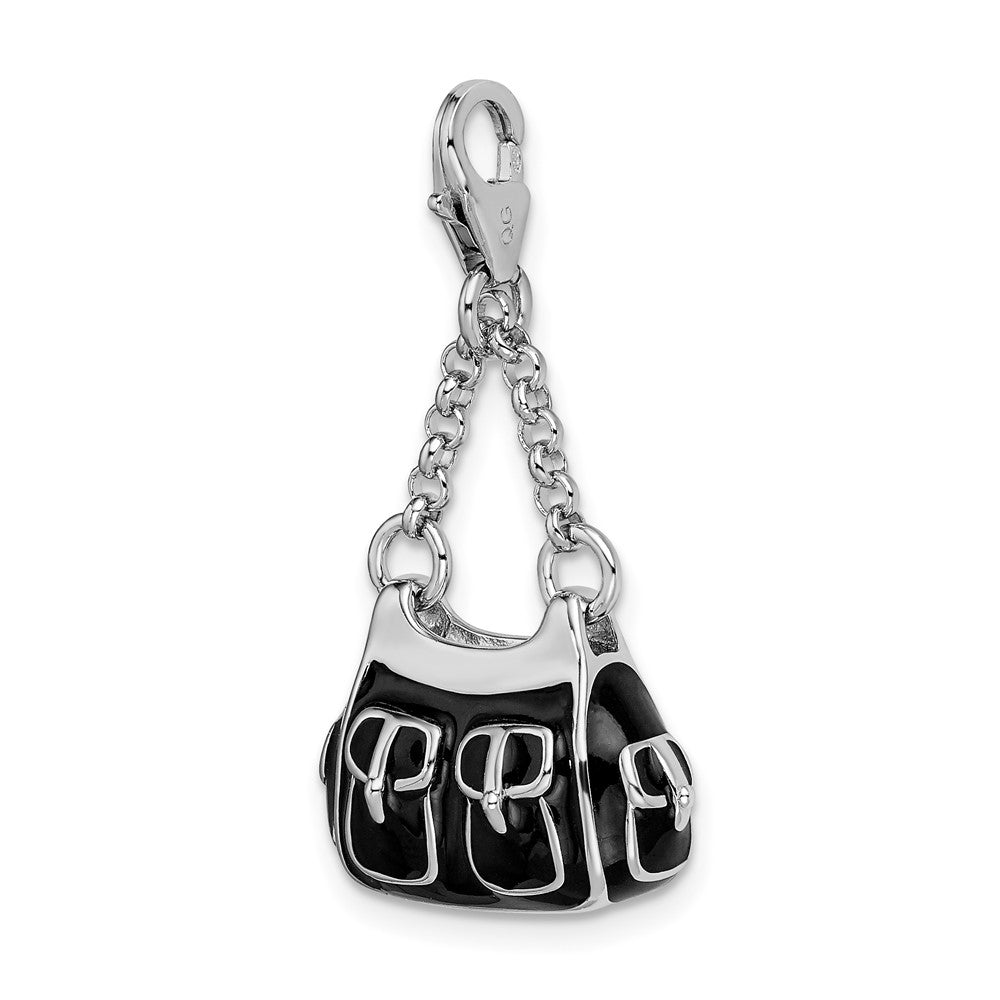 Amore La Vita Sterling Silver Rhodium-plated Polished 3-D Black Enameled Handbag Charm with Fancy Lobster Clasp