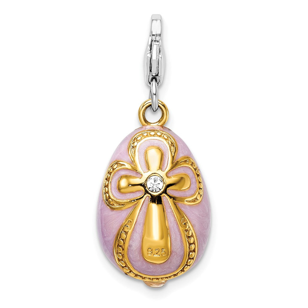 Amore La Vita Sterling Silver Rhodium-plated and Gold-plated Polished 3-D Crystal From Swarovski Enameled Pink Egg with Cr...