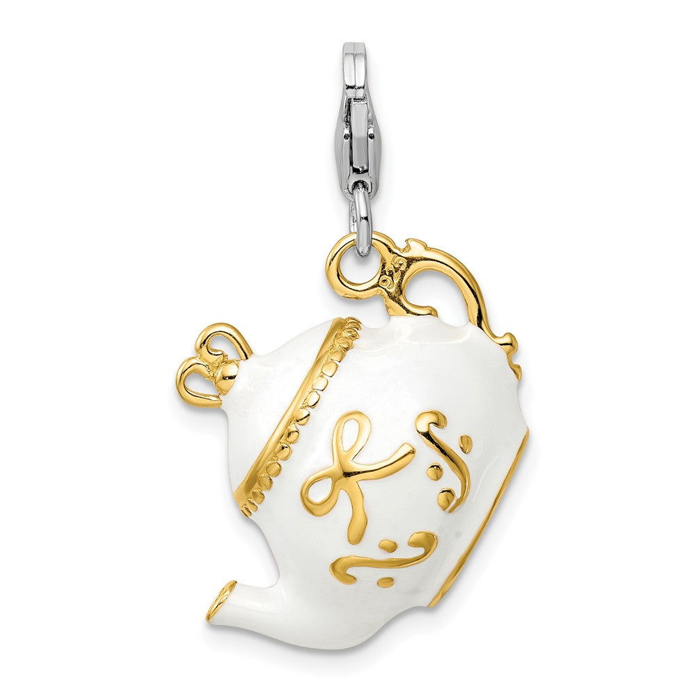 Amore La Vita Sterling Silver Rhodium-plated and Gold-plated Polished 3-D White Enameled Tea Pot Charm with Fancy Lobster ...