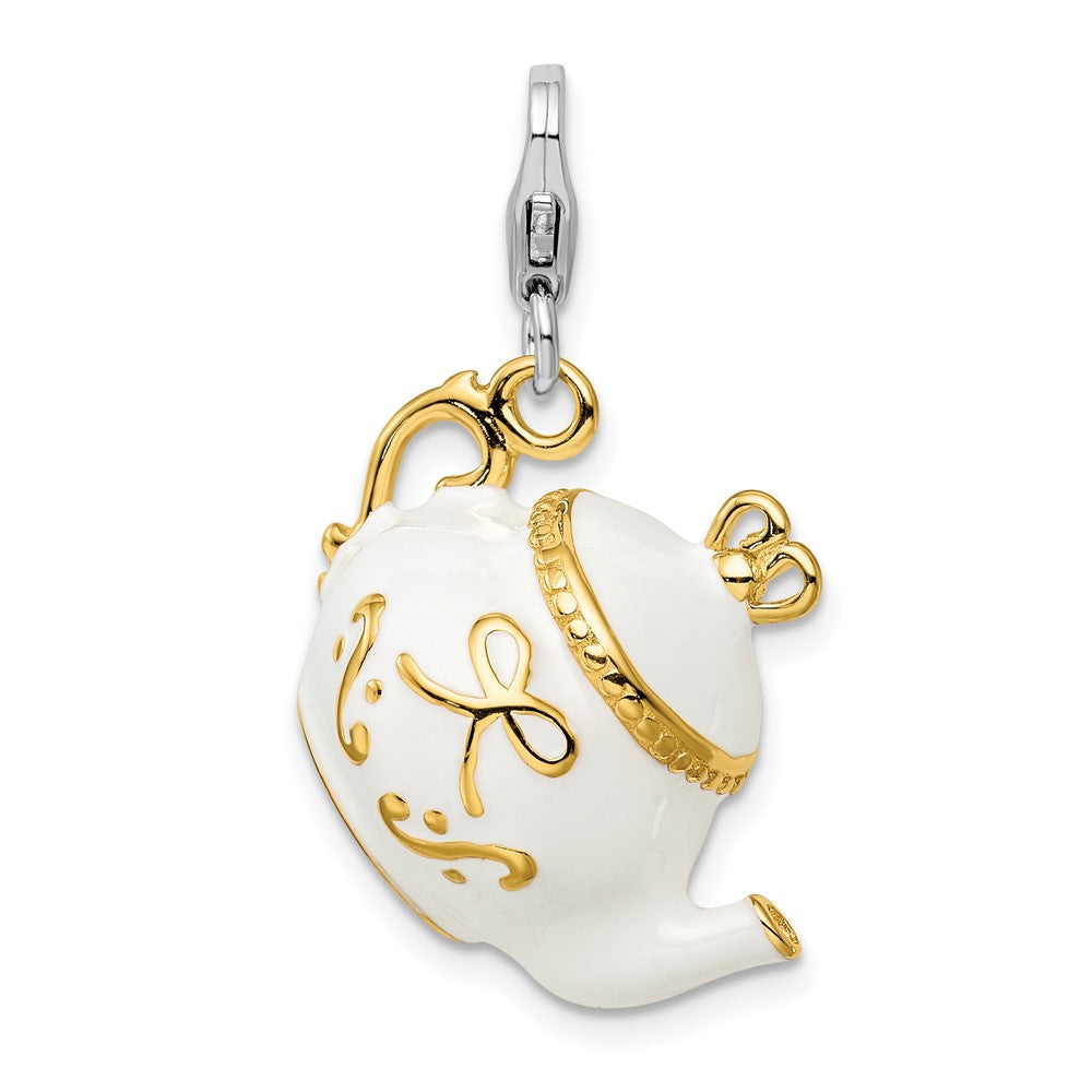 Amore La Vita Sterling Silver Rhodium-plated and Gold-plated Polished 3-D White Enameled Tea Pot Charm with Fancy Lobster ...