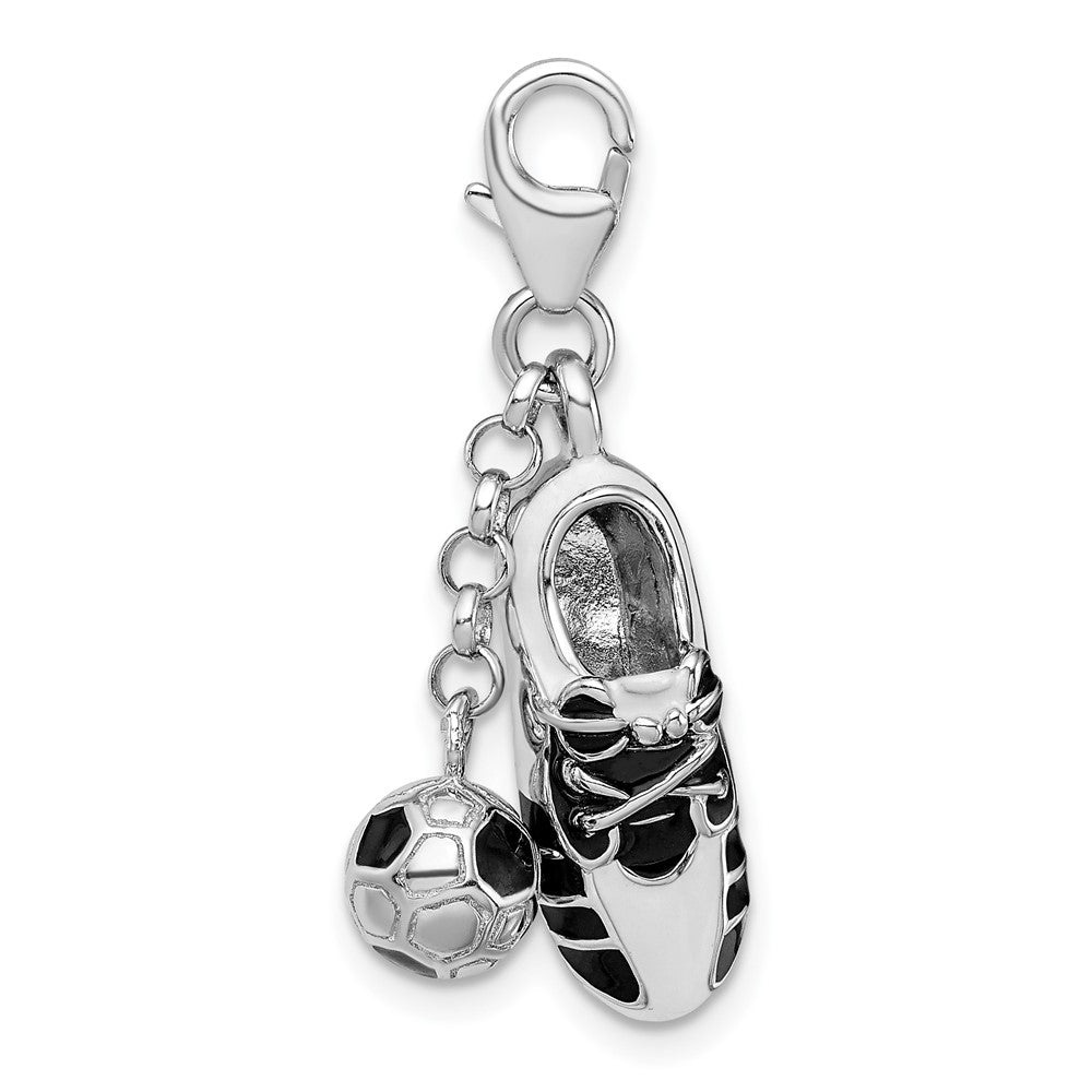 Amore La Vita Sterling Silver Rhodium-plated Polished 3-D Moveable Enameled Soccer Shoe and Ball Charm with Fancy Lobster ...