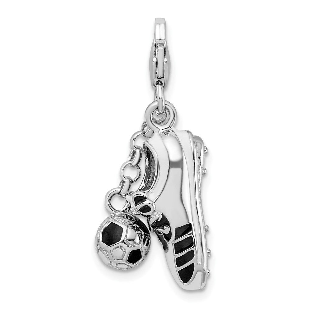Amore La Vita Sterling Silver Rhodium-plated Polished 3-D Moveable Enameled Soccer Shoe and Ball Charm with Fancy Lobster ...