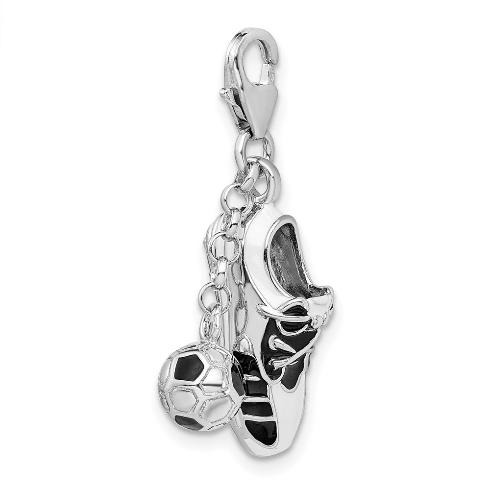 Amore La Vita Sterling Silver Rhodium-plated Polished 3-D Moveable Enameled Soccer Shoe and Ball Charm with Fancy Lobster ...