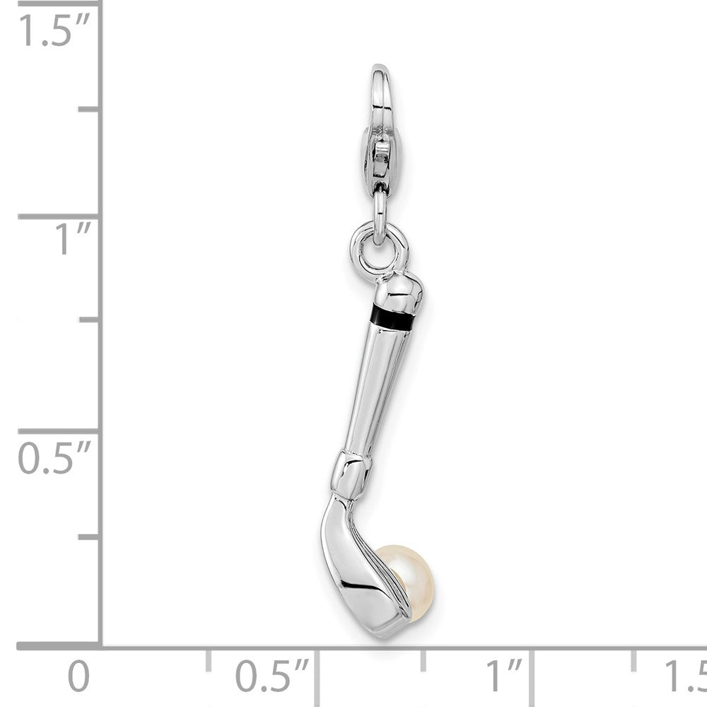 Amore La Vita Sterling Silver Rhodium-plated Polished 3-D Freshwater Cultured Pearl Golf Club Charm with Fancy Lobster Clasp