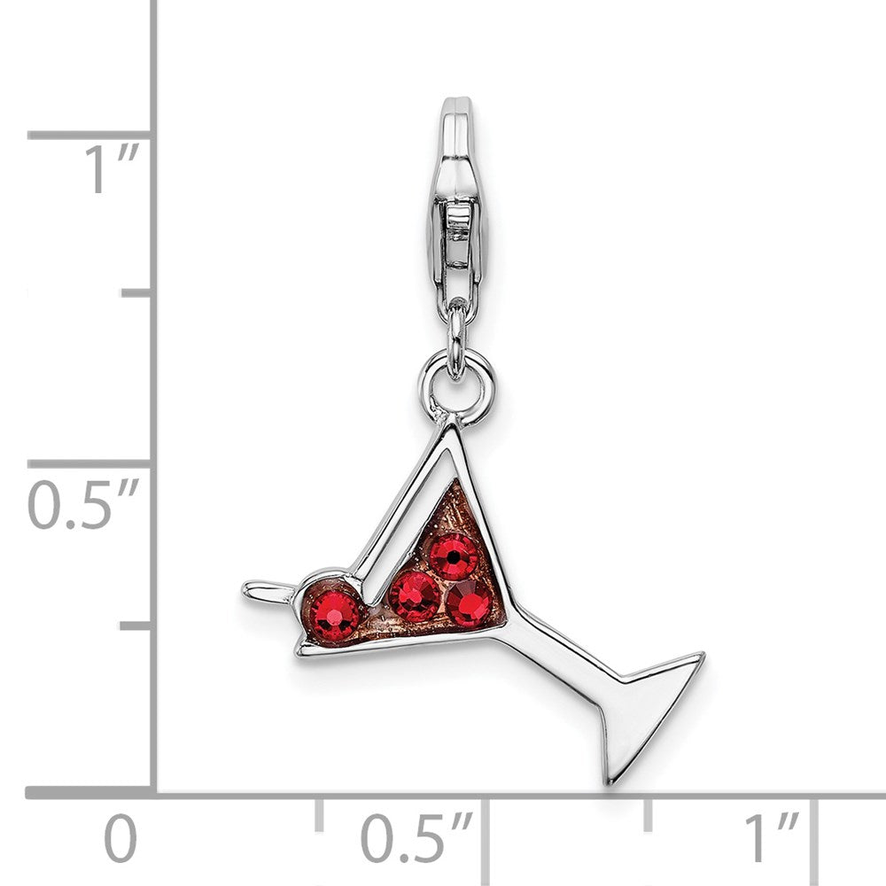 Amore La Vita Sterling Silver Rhodium-plated Polished Enameled Red Crystal Martini Glass Charm with Fancy Lobster Clasp