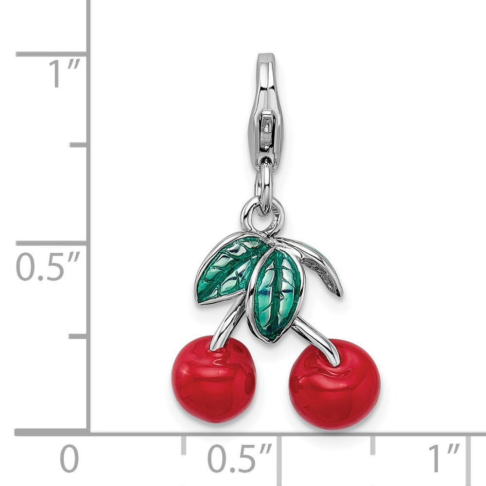 Amore La Vita Sterling Silver Rhodium-plated Polished 3-D Enameled Red Cherries Charm with Fancy Lobster Clasp