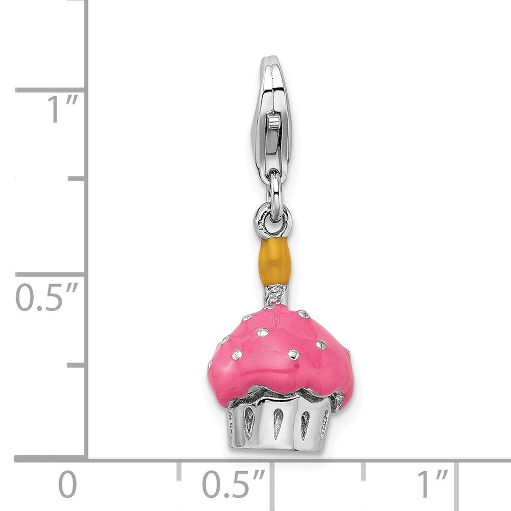 Amore La Vita Sterling Silver Rhodium-plated Polished 3-D Enameled Cupcake and Candle Charm with Fancy Lobster Clasp