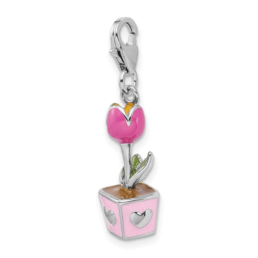 Amore La Vita Sterling Silver Rhodium-plated Polished 3-D Pink Enameled Potted Tulip Charm with Fancy Lobster Clasp