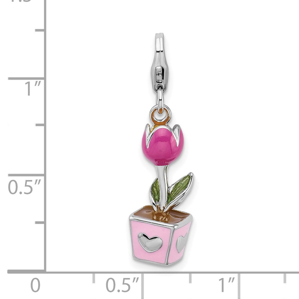 Amore La Vita Sterling Silver Rhodium-plated Polished 3-D Pink Enameled Potted Tulip Charm with Fancy Lobster Clasp