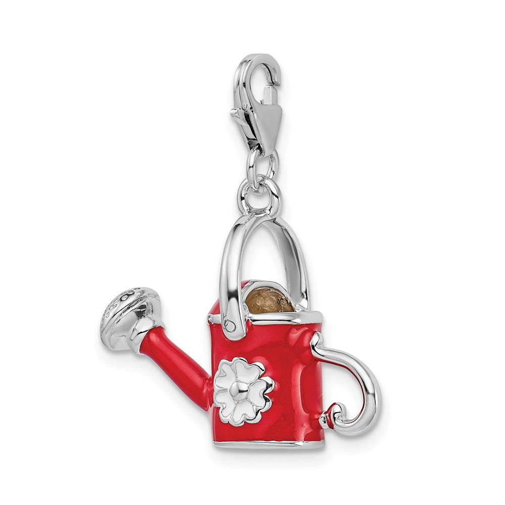 Amore La Vita Sterling Silver Rhodium-plated Polished 3-D Enameled Red Watering Can Charm with Fancy Lobster Clasp
