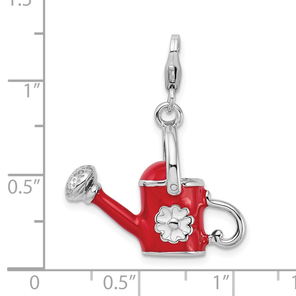 Amore La Vita Sterling Silver Rhodium-plated Polished 3-D Enameled Red Watering Can Charm with Fancy Lobster Clasp