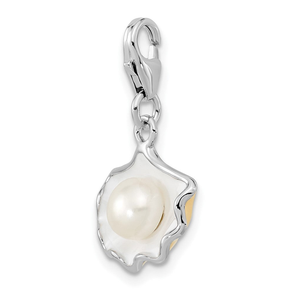 Amore La Vita Sterling Silver Rhodium-plated Polished 3-D Enameled Shell with a Freshwater Cultured Pearl Charm with Fancy...