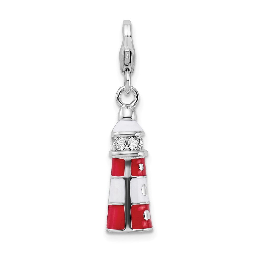Amore La Vita Sterling Silver Rhodium-plated Polished 3-D Red Enameled Swarovski Crystal Lighthouse Charm with Fancy Lobst...