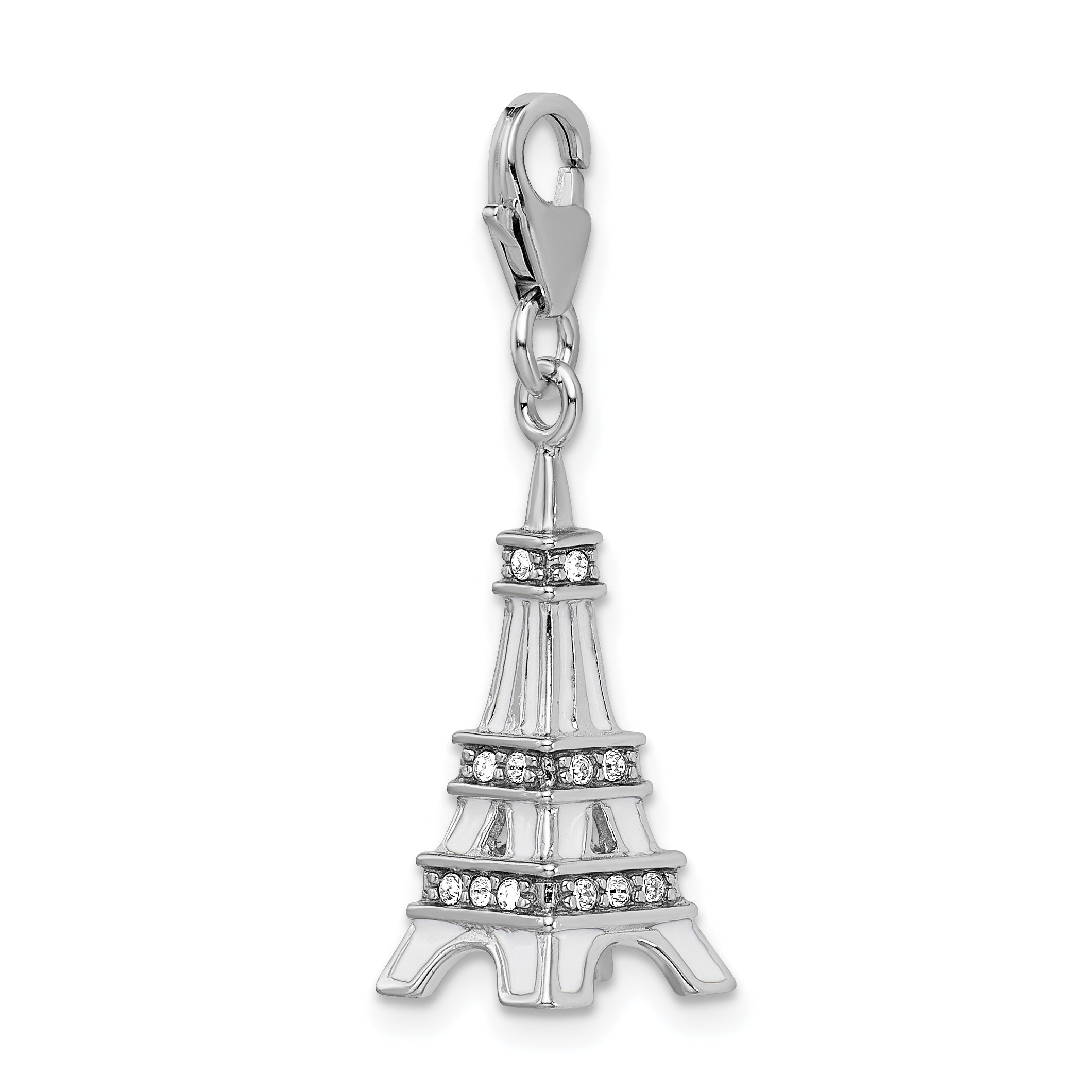 Amore La Vita Sterling Silver Rhodium-plated Polished 3-D Enameled Crystal Eiffel Tower Charm with Fancy Lobster Clasp