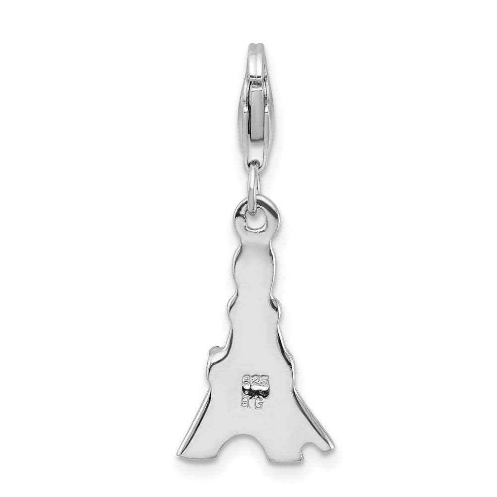 Amore La Vita Sterling Silver Rhodium-plated Polished Black Enameled CZ Eiffel Tower Charm with Fancy Lobster Clasp