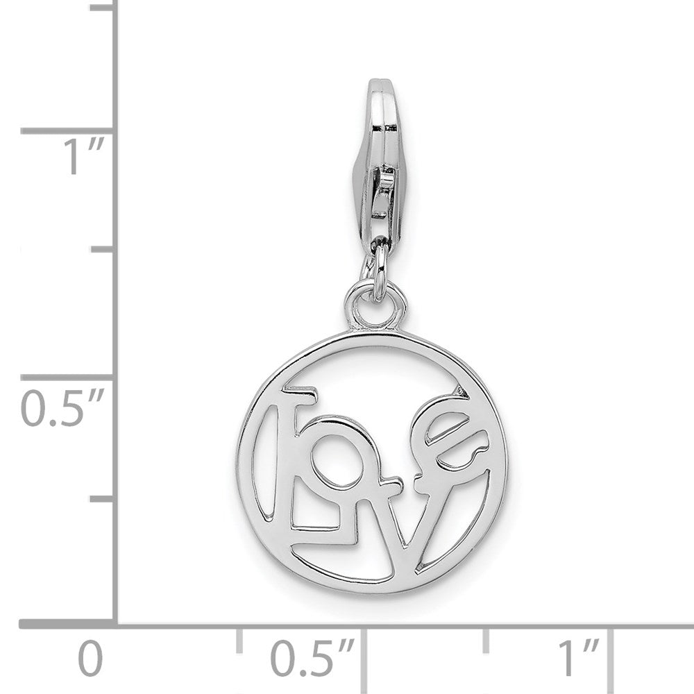 Amore La Vita Sterling Silver Rhodium-plated Polished LOVE in Open Circle Charm with Fancy Lobster Clasp