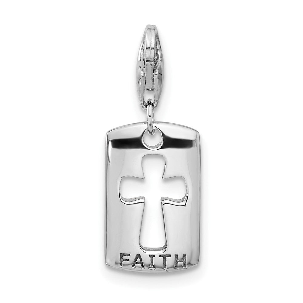 Amore La Vita Sterling Silver Rhodium-plated Polished Reversible CZ Cut-out Cross Faith Clip-on Charm with Fancy Lobster C...