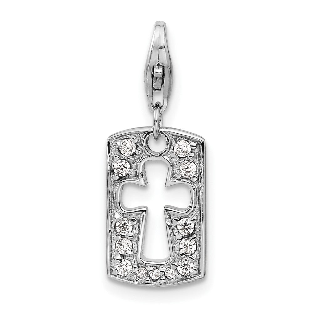 Amore La Vita Sterling Silver Rhodium-plated Polished Reversible CZ Cut-out Cross Faith Clip-on Charm with Fancy Lobster C...