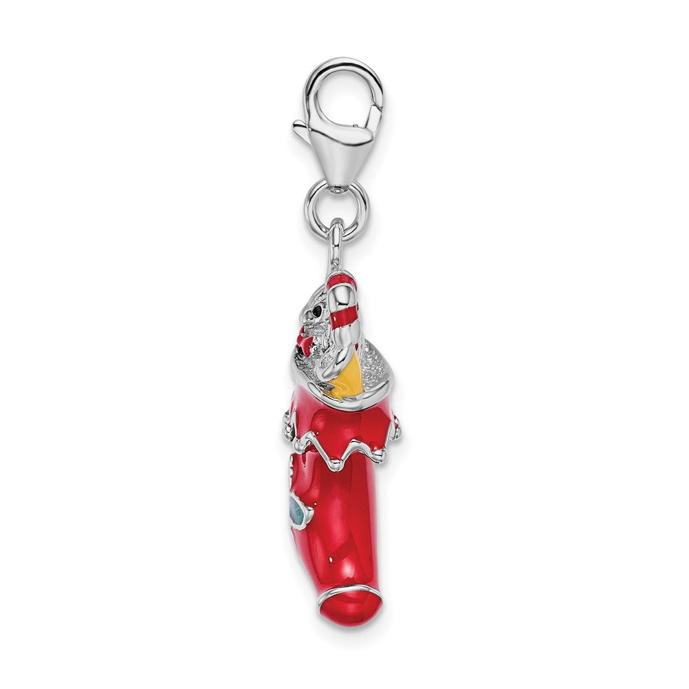 Amore La Vita Sterling Silver Rhodium-plated Polished 3-D Red Enameled Holiday Stocking Charm with Fancy Lobster Clasp