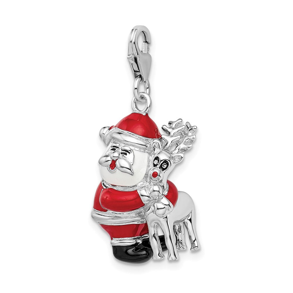 Amore La Vita Sterling Silver Rhodium-plated Polished 3-D Enameled Santa and Reindeer Charm with Fancy Lobster Clasp