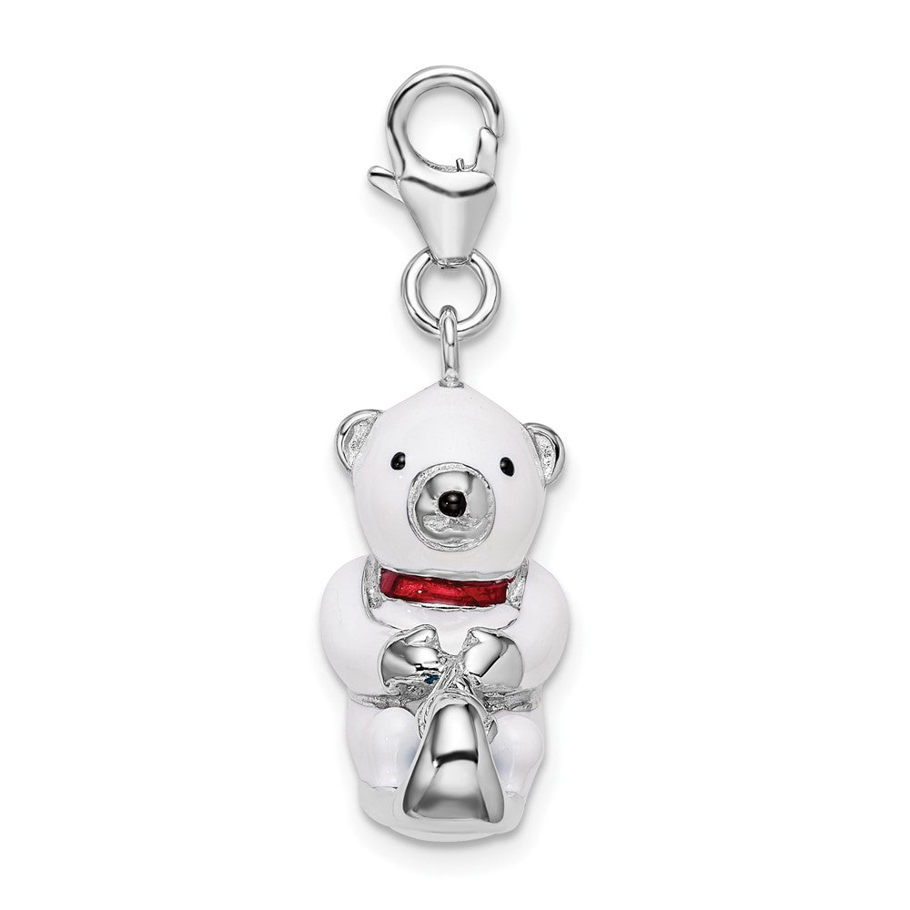 Amore La Vita Sterling Silver Rhodium-plated Polished 3-D Enameled Polar Bear on Sled Charm with Fancy Lobster Clasp