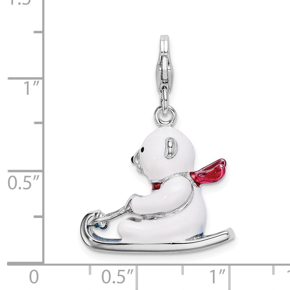 Amore La Vita Sterling Silver Rhodium-plated Polished 3-D Enameled Polar Bear on Sled Charm with Fancy Lobster Clasp