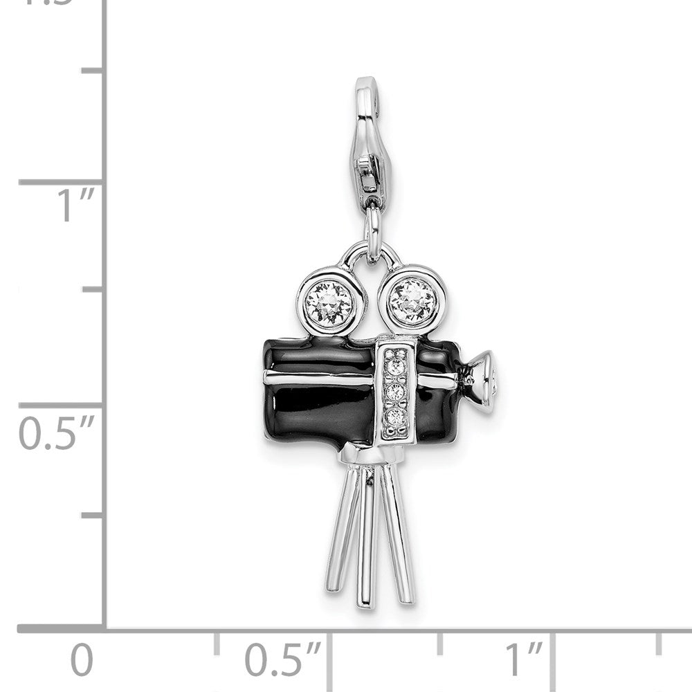 Amore La Vita Sterling Silver Rhodium-plated Polished 3-D Enameled Swarovski Crystal Movie Camera Charm with Fancy Lobster...