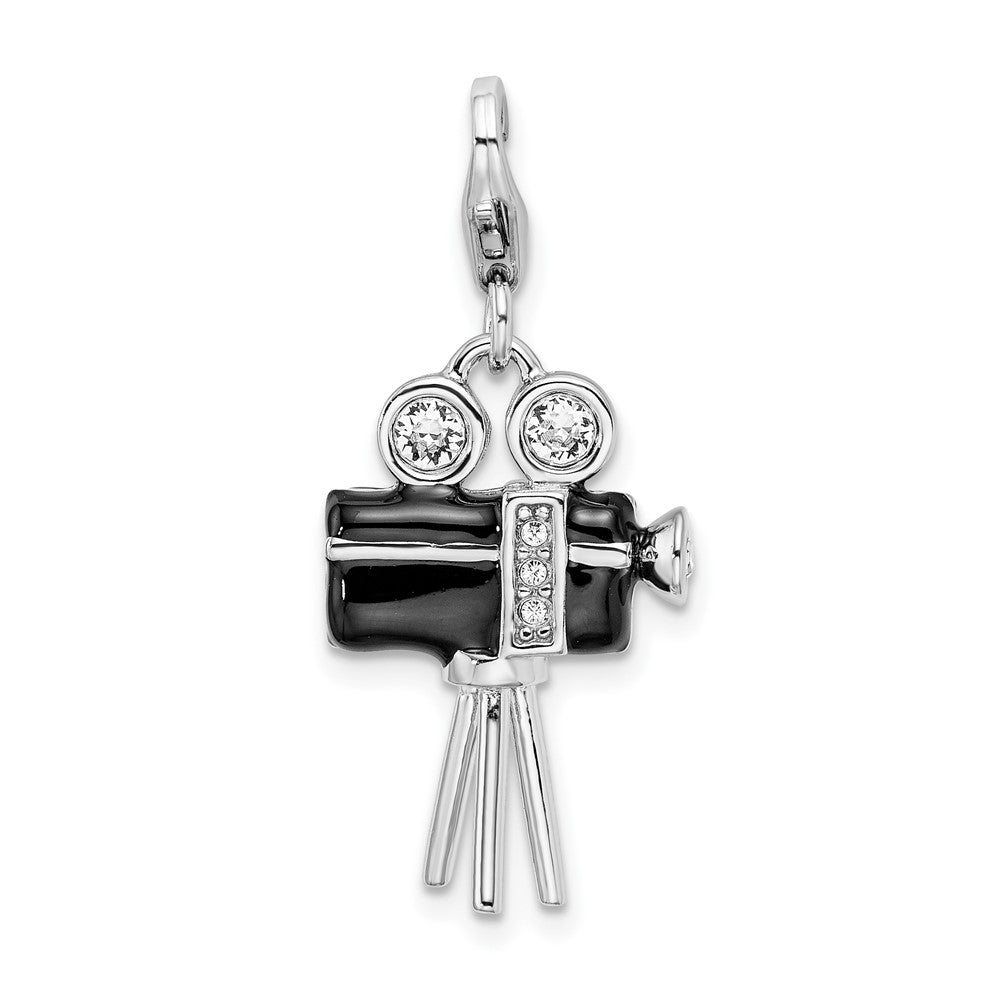Amore La Vita Sterling Silver Rhodium-plated Polished 3-D Enameled Swarovski Crystal Movie Camera Charm with Fancy Lobster...