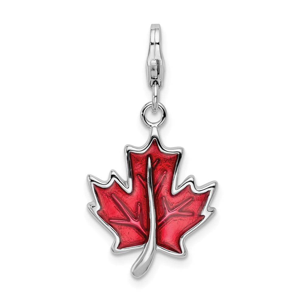 Amore La Vita Sterling Silver Rhodium-plated Polished 3-D Enameled Maple Leaf Charm with Fancy Lobster Clasp