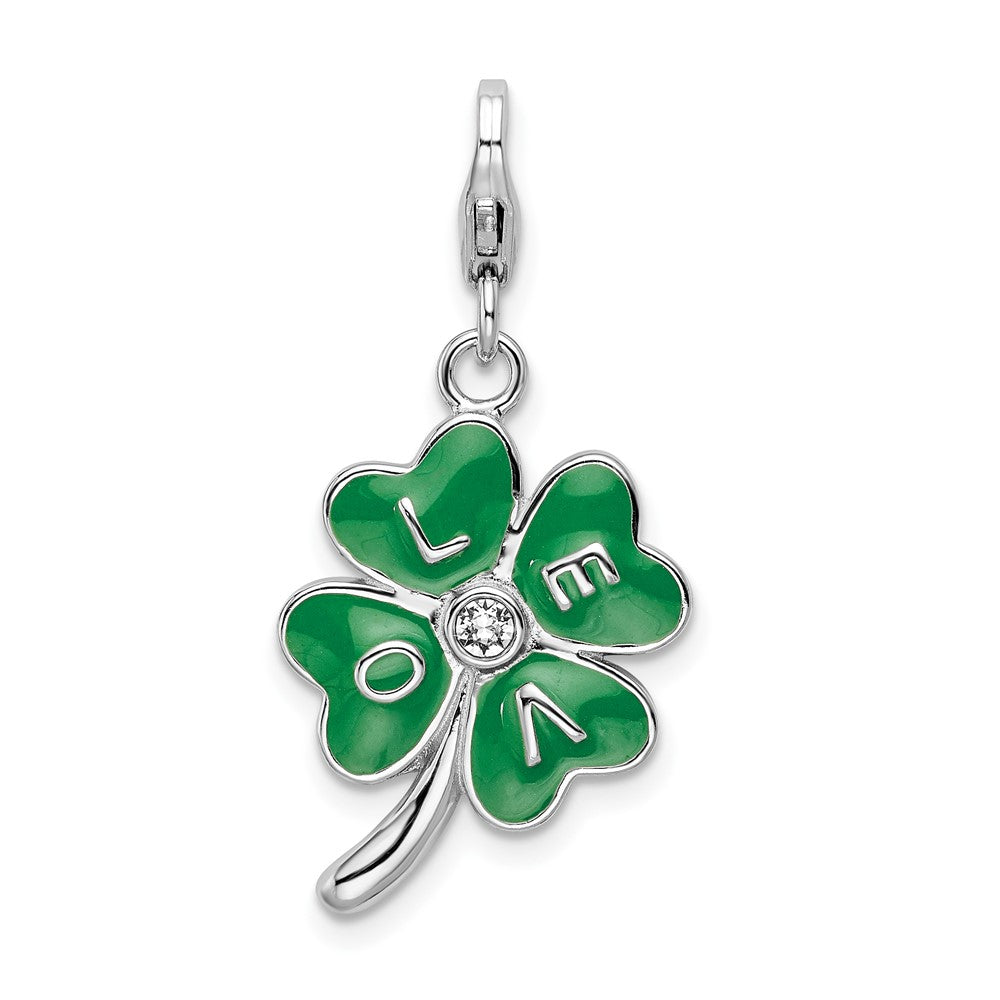 Amore La Vita Sterling Silver Rhodium-plated Polished 3-D Green Enameled 4 Leaf Clover and Clear Crystal From Swarovski LO...