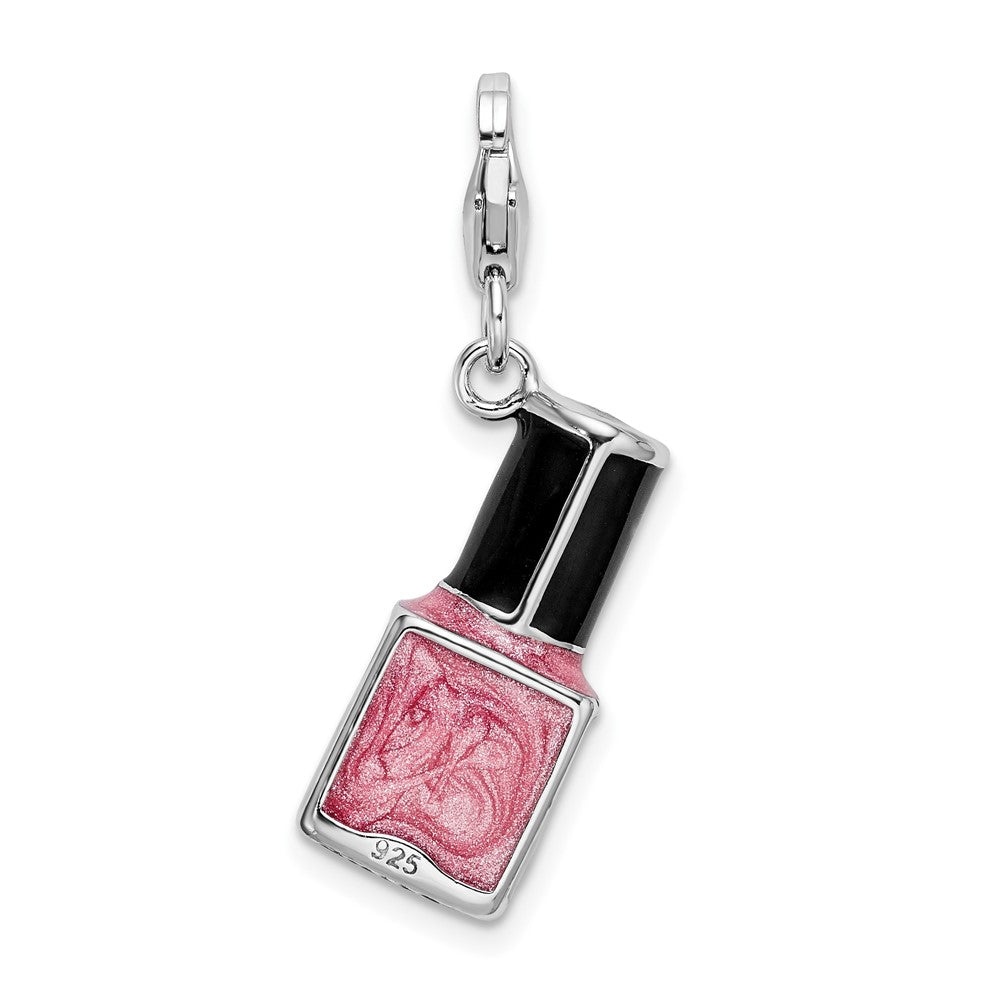 Amore La Vita Sterling Silver Rhodium-plated Polished 3-D Enameled Pink Nail Polish Bottle Charm with Fancy Lobster Clasp