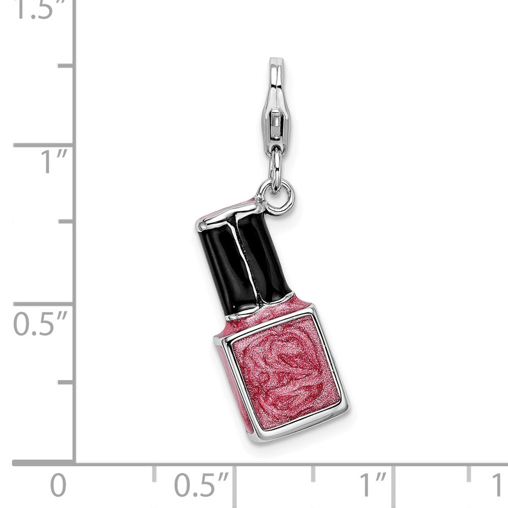 Amore La Vita Sterling Silver Rhodium-plated Polished 3-D Enameled Pink Nail Polish Bottle Charm with Fancy Lobster Clasp
