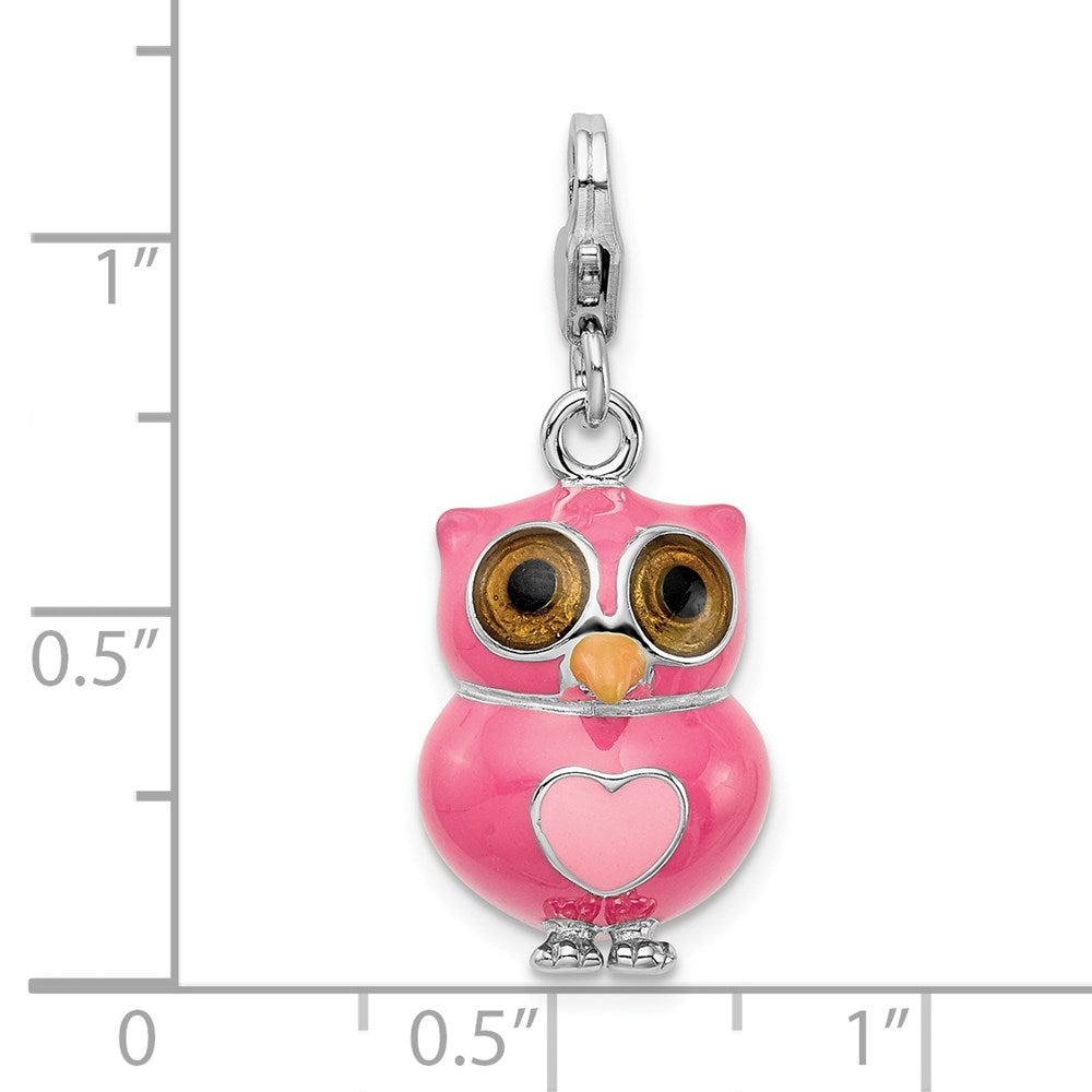 Amore La Vita Sterling Silver Rhodium-plated Polished 3-D Pink Enameled Heart Owl Charm with Fancy Lobster Clasp