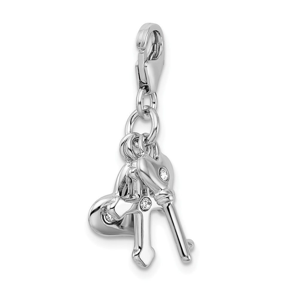 Amore La Vita Sterling Silver Rhodium-plated Polished Heart Cross and Key with Crystal From Swarovski Charm with Fancy Lob...