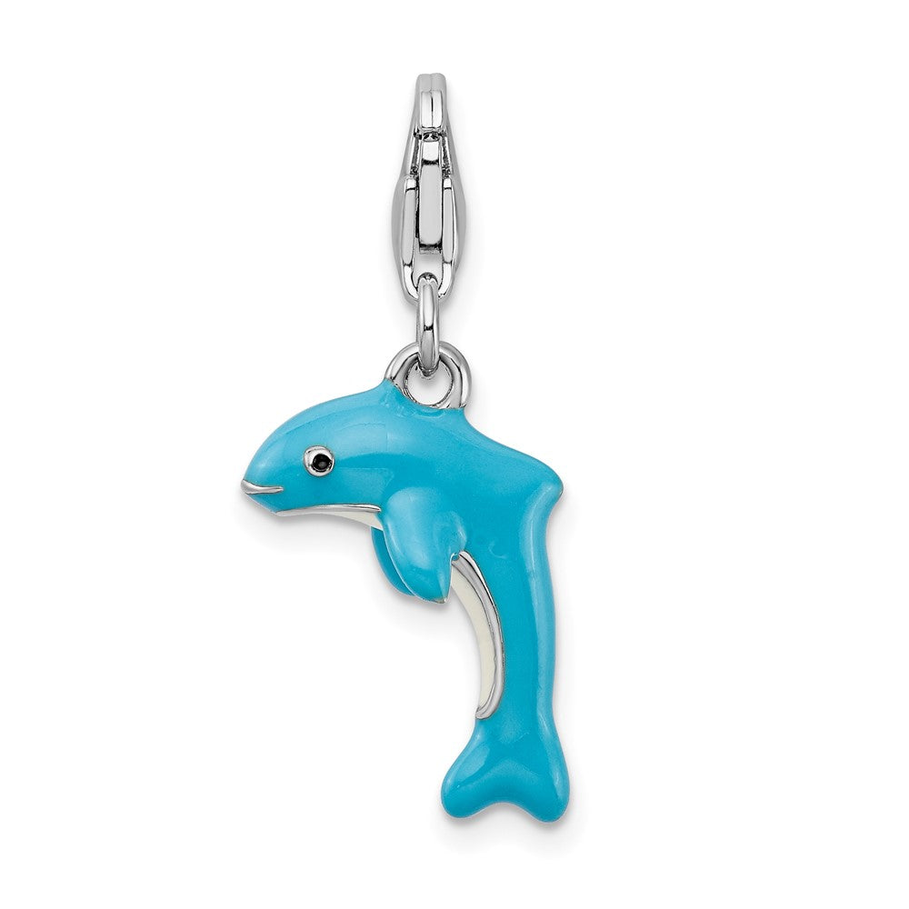 Amore La Vita Sterling Silver Rhodium-plated Polished 3-D Enameled Dolphin Charm with Fancy Lobster Clasp