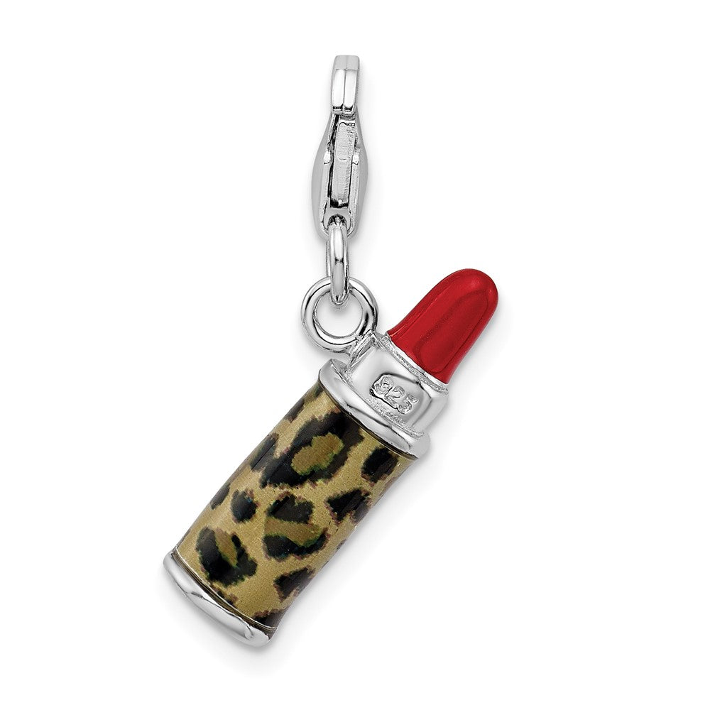 Amore La Vita Sterling Silver Rhodium-plated Polished 3-D Enameled Leopard Lipstick Charm with Fancy Lobster Clasp