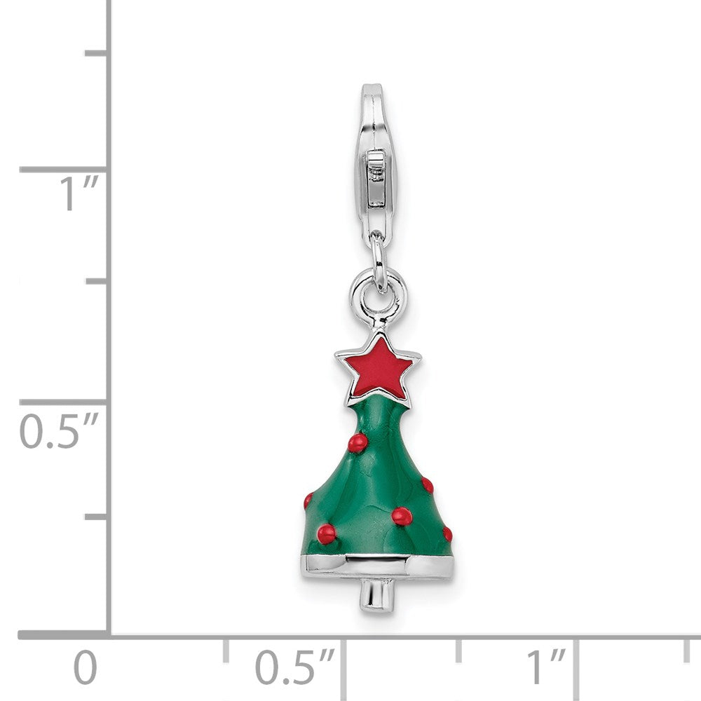 Amore La Vita Sterling Silver Rhodium-plated Polished 3-D Enameled Christmas Tree Charm with Fancy Lobster Clasp