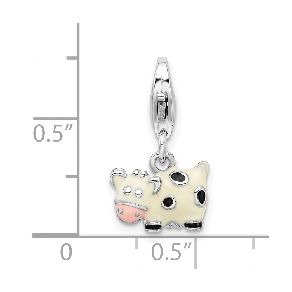 Amore La Vita Sterling Silver Rhodium-plated Polished 3-D Enameled Cow Charm with Fancy Lobster Clasp