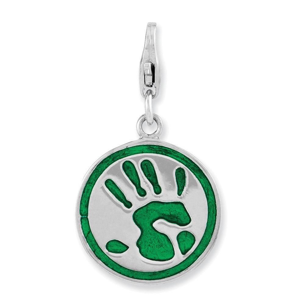 Amore La Vita Sterling Silver Rhodium-plated Polished 3-D Enameled Reversible Handprint GO GREEN Charm with Fancy Lobster ...